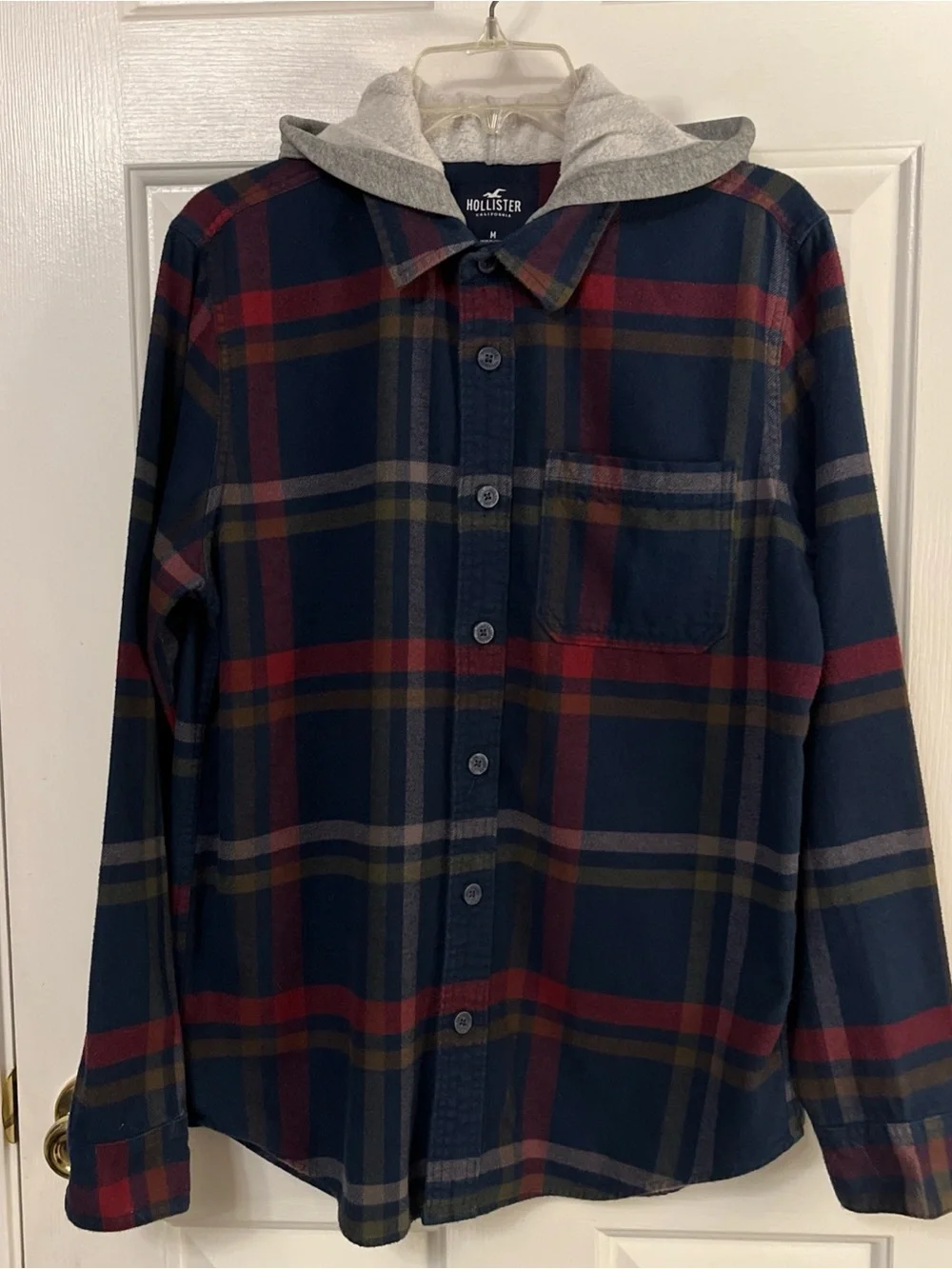 Hollister Hooded Button Up Shirt Jacket Men Navy Plaid Y2K Shacket Gray Hood Med
